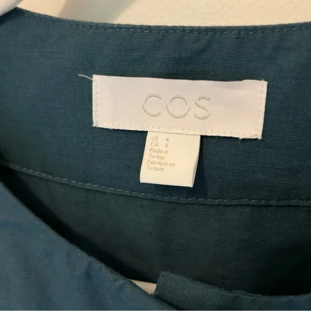 COS Cotton Linen A-Line Shirt Dress Mini Teal Blue Size 4 Minimalist Classic - Picture 4 of 6